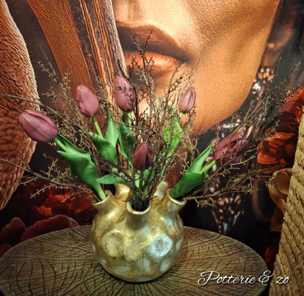Tulpenvaas met paarse tulpen & gageltakken